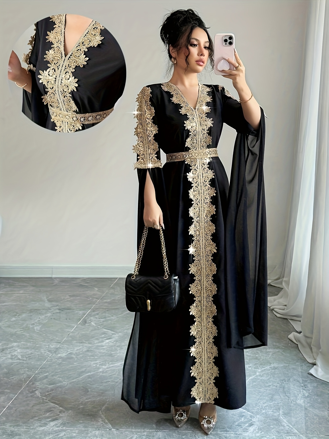 gold formal dresses for woman Lace-Up Long Corset Prom Dress with Gold Glitter Print Gold / Small main image 0