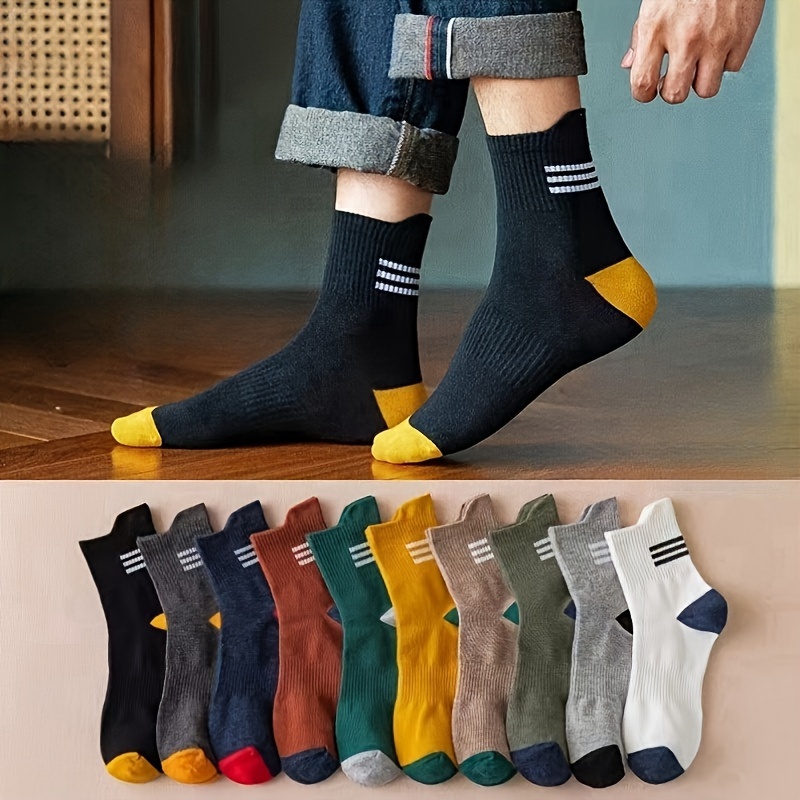 

10/20pairs Mixed Color Socks For Men In Autumn And Winter, Contrasting Stripes, Breathable And Sweat Absorbing, Sporty Men's Socks, Trendy Ins, Versatile And Casual, Mid Length Socks