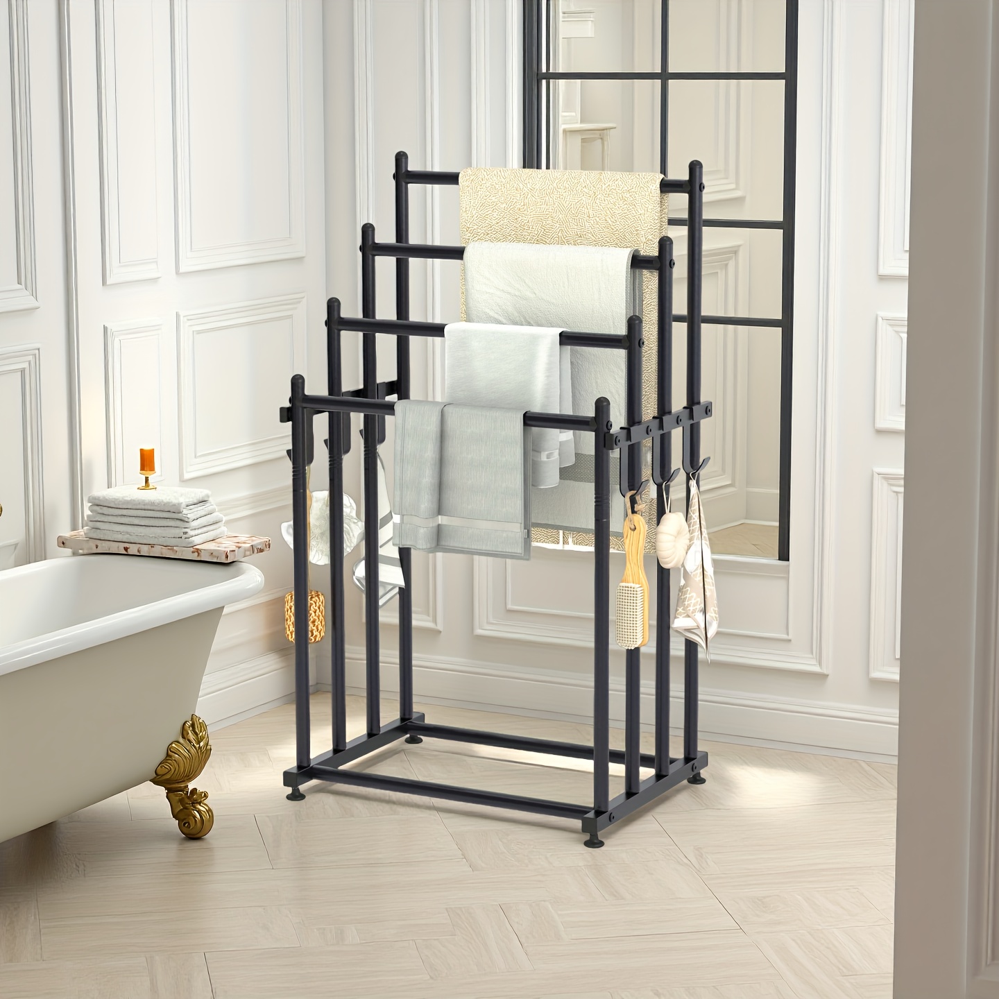 タオルバー ブラックバスルームアクセサリー、ハンガー付き真鍮タオルラック、トイレットペーパーロールホルダー、ローブフック、ヘアドライ  バスルームアクセサリーセット 高耐久タオルラックバー トイレットペーパーバスケット ヘアドライヤー ブラシホルダー 壁掛け ... LSLYTQ タオルレールラック バスルームアクセサリー ティッシュペーパーホルダー、ローブフック、ソープディッシュホルダー、タオル