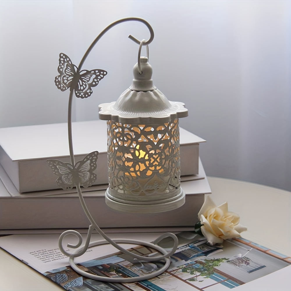 

Elegant White Metal Lantern With Butterfly Hooks And Lattice Design - Perfect For Outdoor Festive Decorations