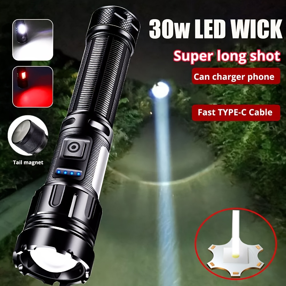 

30w Led Wick Flashlight - Usb Rechargeable, 7 , Super Long Shot With Magnetic Base & Type-c Cable, Fast Type-c Charging, Ideal For Camping, Hiking & Emergency , Flashlight Rechargeable