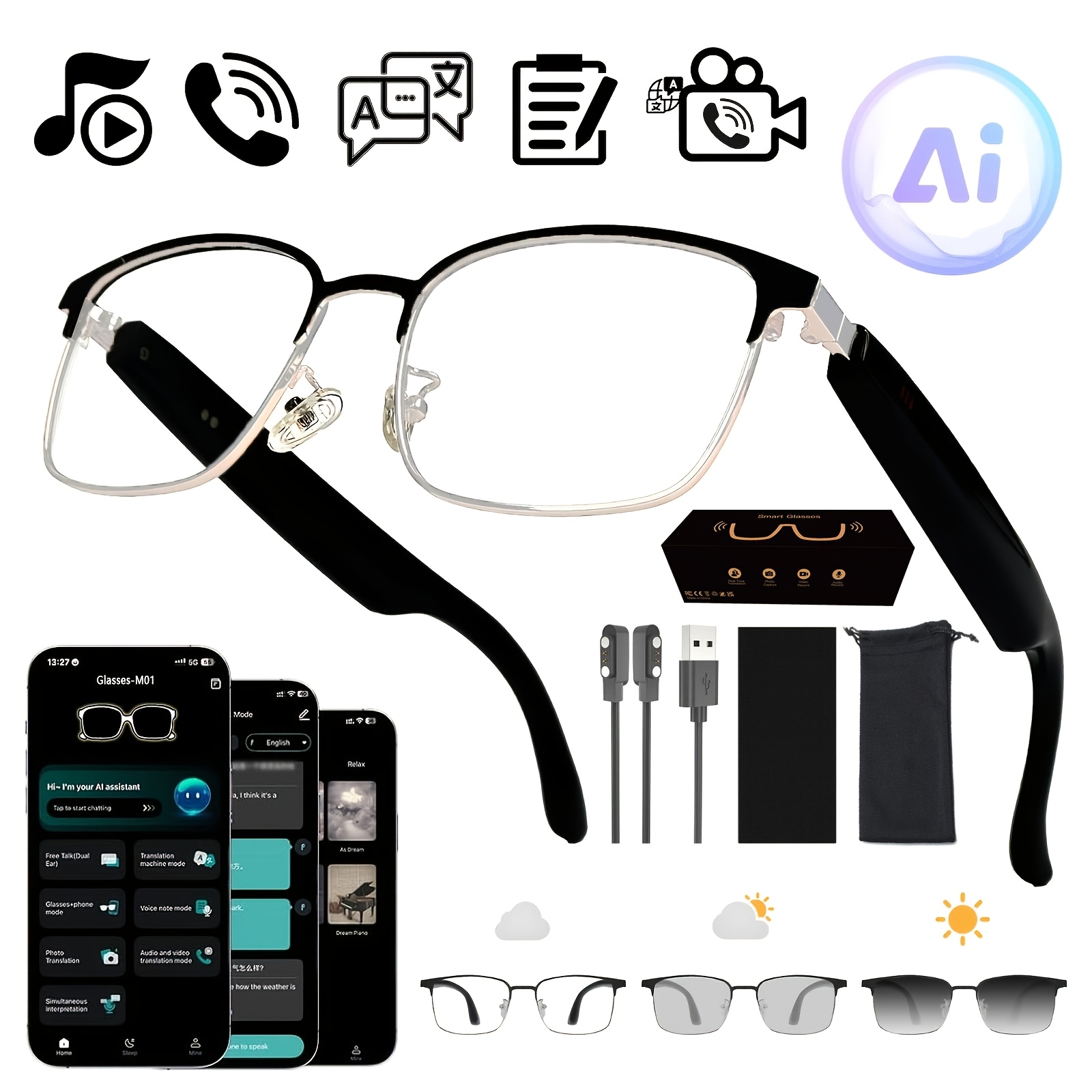 TEMU New Ai Smart Glasses Provide 100 Language Real Time Translation And Meeting Recording Multi Scene Ready For Wireless Hands Free Calls And Music