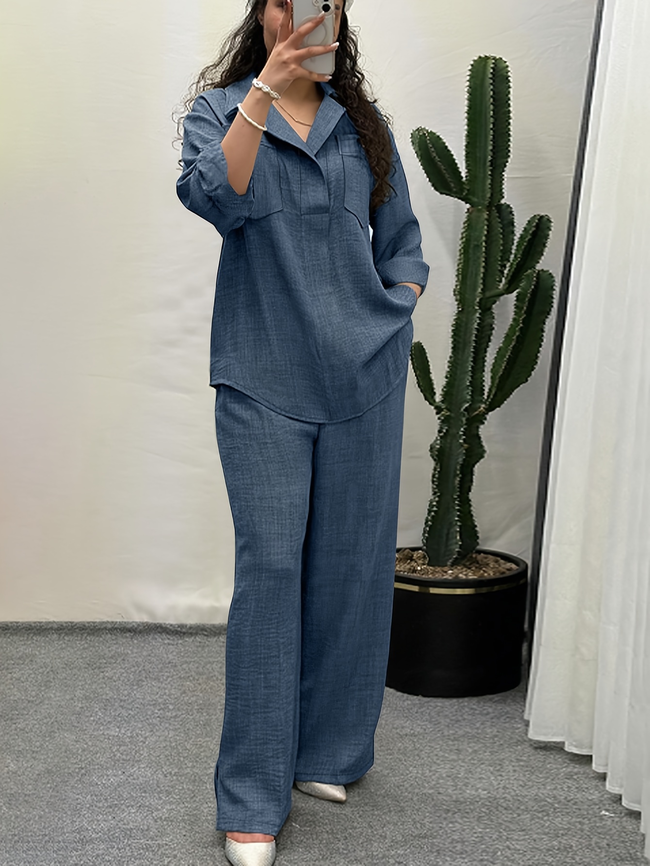 Women'S Solid Color Casual Two-Piece Set with Front Button Pockets for Spring And Autumn