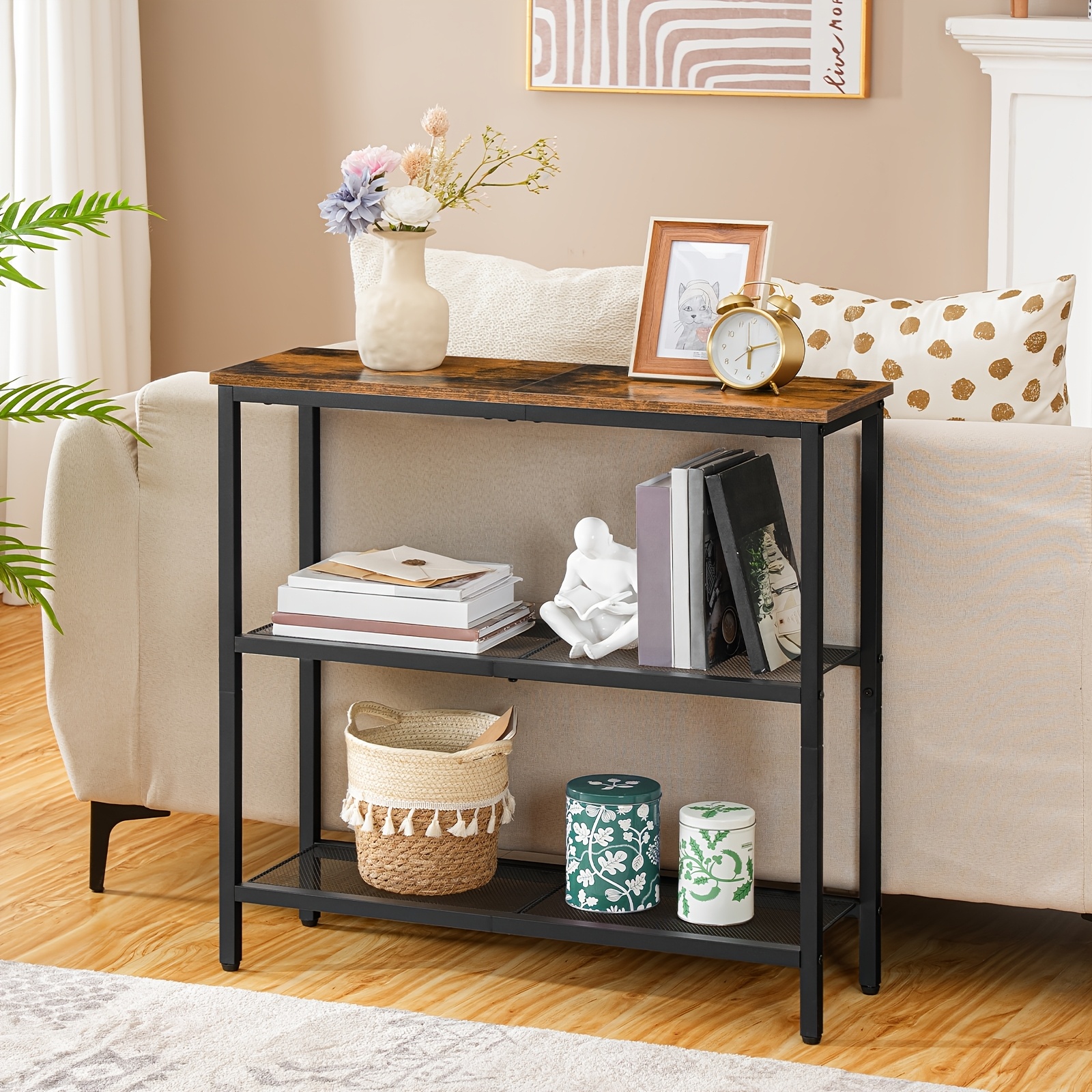 Image of Narrow Console Table, Auxiliary Table With 2 Storage Areas, Sofa Table, Hallway, Entrance, Living Room, Bedroom And Office, Brown And Black