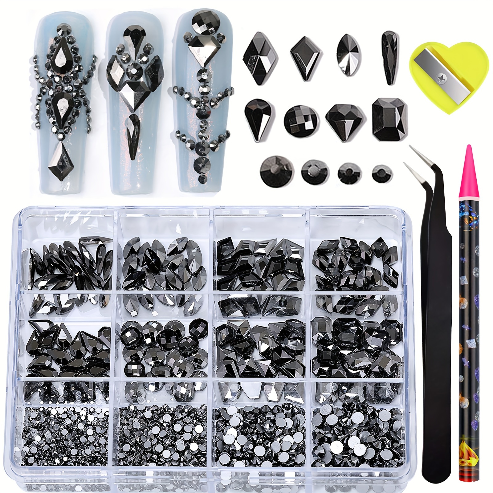 

Nail Art 12 Grids Nail Rhinestones Kit, Black Flat Bottom & Irregular Shape Manicure Decoration Diy Nail Charms Nail Gems Nail Supplies