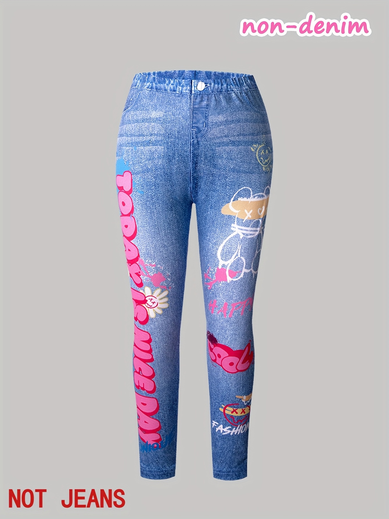 3pcs Girls' Long Pants Mid-Stretch Fashion Cartoon Graffiti Letter Ripped Pattern Classic Knit Faux Denim Trousers Leggings Casual Soft Comfortable Girls' Outfit Gift for Festival Carnival Party, for Outdoor