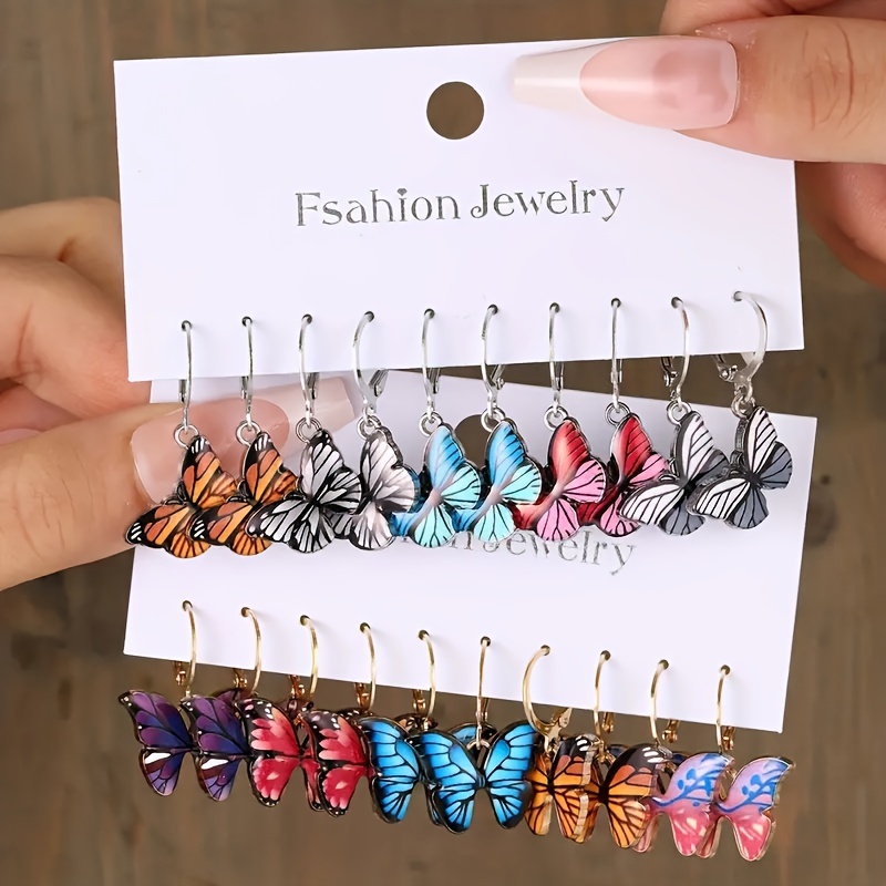 

10 Pairs Set Of Exquisite Colorful Butterfly Pendant Hoop Earrings Zinc Alloy Jewelry Vintage Bohemian Style Personality Female Gift