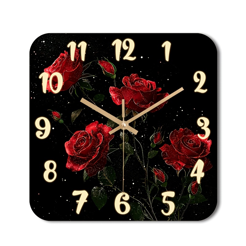 TEMU 1pc Silent Wall Clock Non-ticking Wooden, Decorative Square Clock Hd Glossy Lamination Finish Red Roses With Glowing Clock Numbers On A Starry