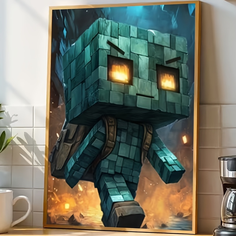 E-shop 2D Flach, Rahmenlose Leinwanddruck - Pixel Art Stil Grüner Block Leinwand Wandposter - 2D Flaches Spielposter mit Lebendigen Farben, für
