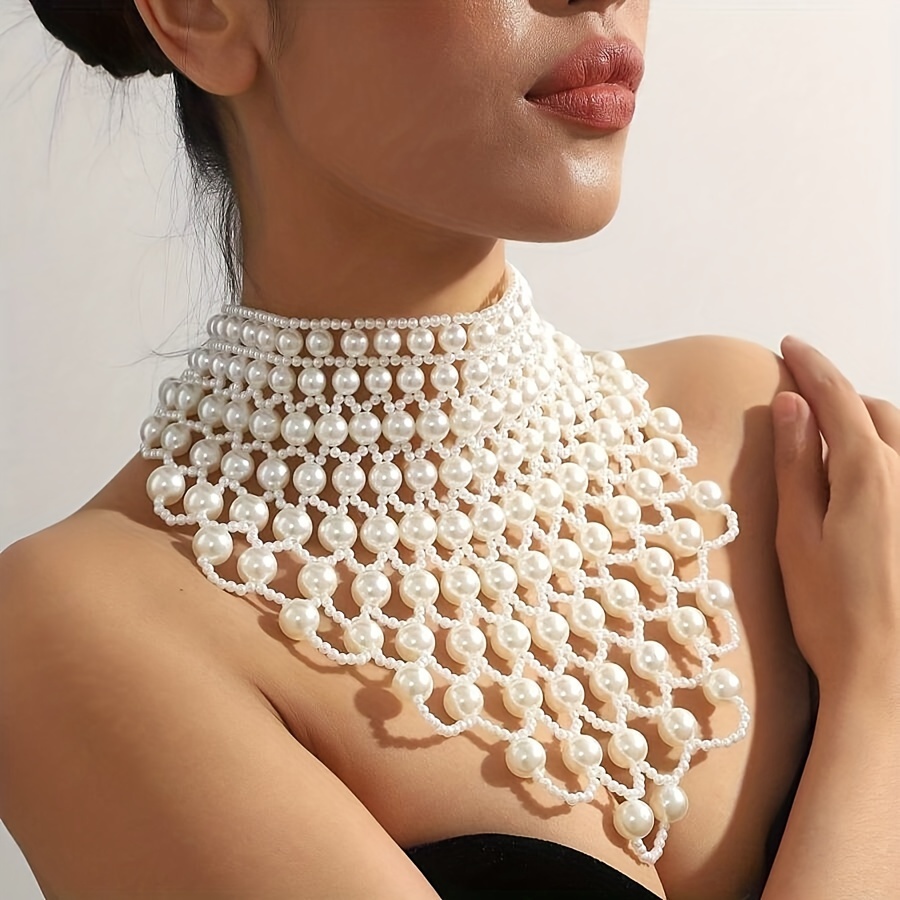  woven faux pearl choker necklace exaggerated clavicle collar chain elegant chunky statement bib necklace jewelry for women sexy cute style details 1