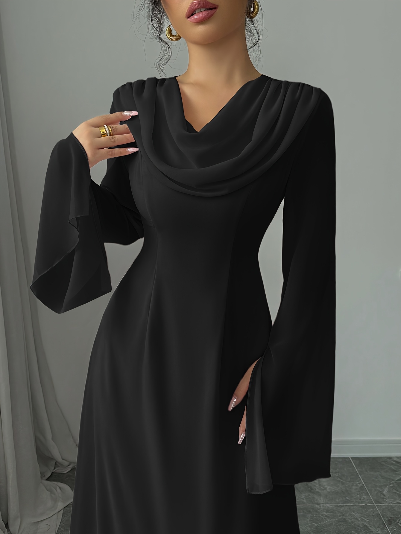 【k♡】Tulip Chiffon Long Dress beige pe an elegant stylish long sleeve dress made flowing chiffon