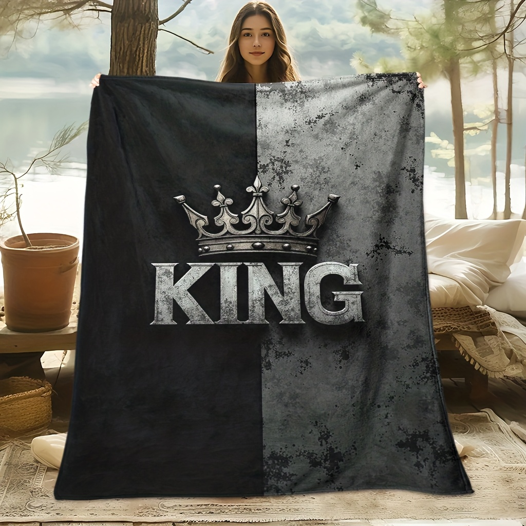 TEMU A Cozy King-themed Patterned Fleece Blanket With Soft High-definition Digital Printing, Featuring A Black And Gray . A Cooling Blanket Suitable
