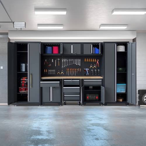 garage storage cabinet system 12pcs workshop set garage cabinets and storage system with steel cabinet drawers rolling chest workbench and pegboard for garage tool organization black and gray