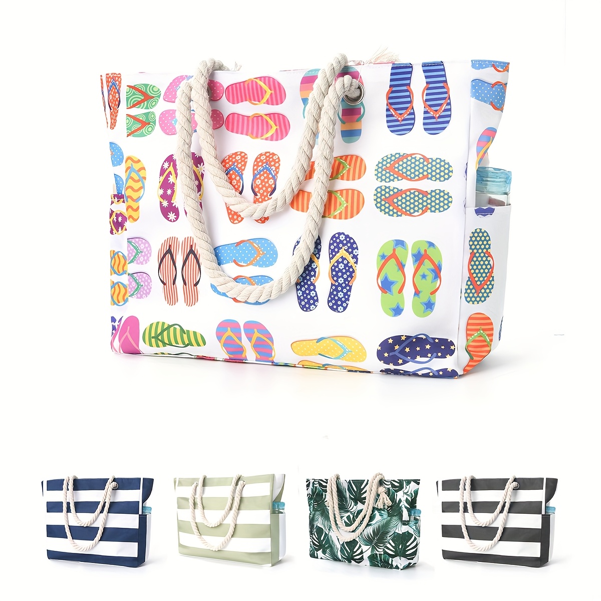 stylish colorful slippers print swim bag convenient carry beach tote handbag unisex   casual