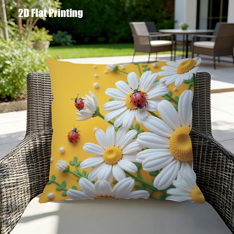 2D Flat,Terrace Cushion Cover,1pc 18X18 Inches Quare Pillow Cover, Ladybugs Rest on Daisies.,Decoration, Gifts,Valentine Festival Gifts,Outdoor Indoor,Garden Decoration, 2D Flat