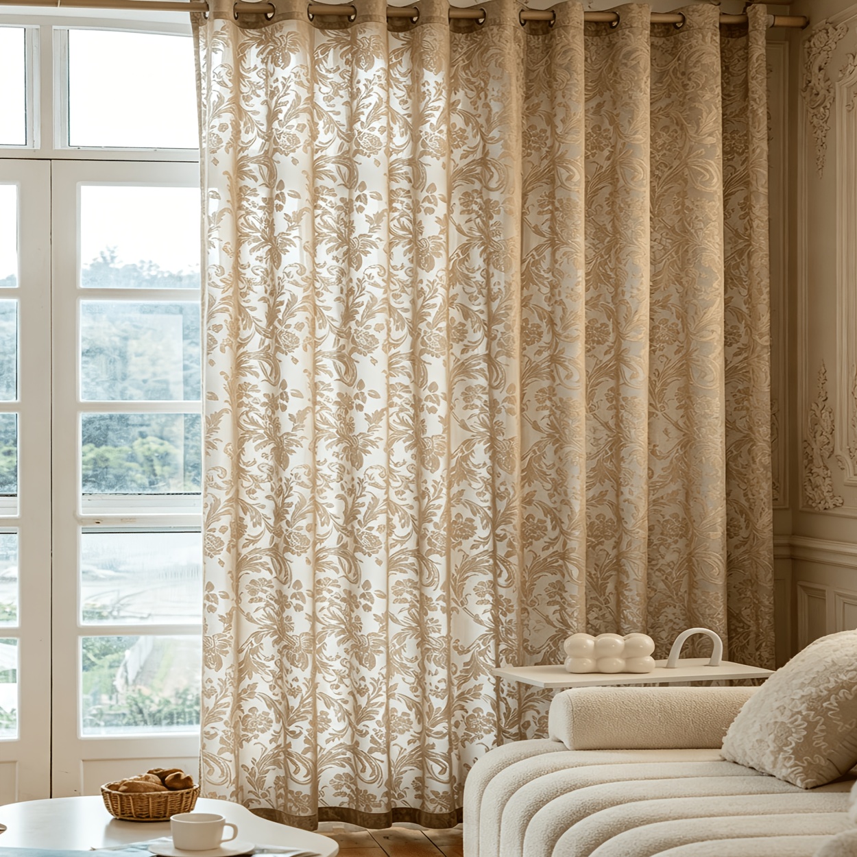 1 Panel Bohemian Baroque Semi-Sheer Curtain Panel - Creamy Transparent Lace Window Drapes with Jacquard Floral, Hanging Suitable for Bay Windows,, Filtering Panels, Installation for Rooms