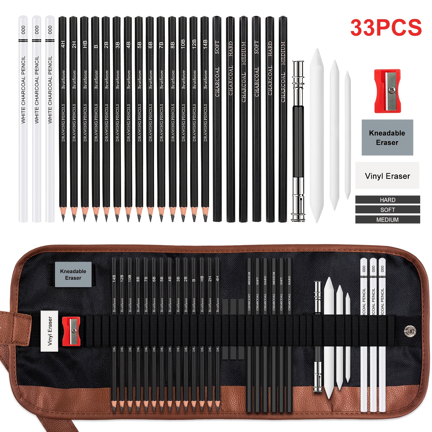 Image of Ccfoud 33 Drawing Sketching Kit, Portable Artist Supplies Travel Case Set With Graphite, Charcoal, , Blending Stump, Gift For Adult Beginners For Drawing Sketching