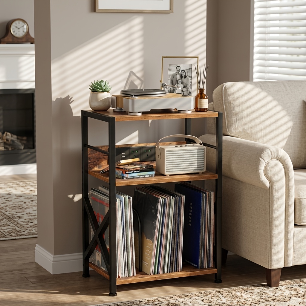 Wooden Record Player Stand with Socket, 3 Layers for 200 Albums