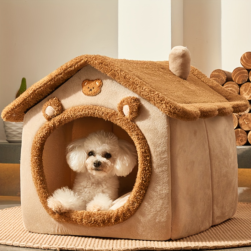 

Cozy Enclosed Cat House Bed - Plush Pp Cotton, Ideal For All Seasons, Suitable For Cats And Small Dogs