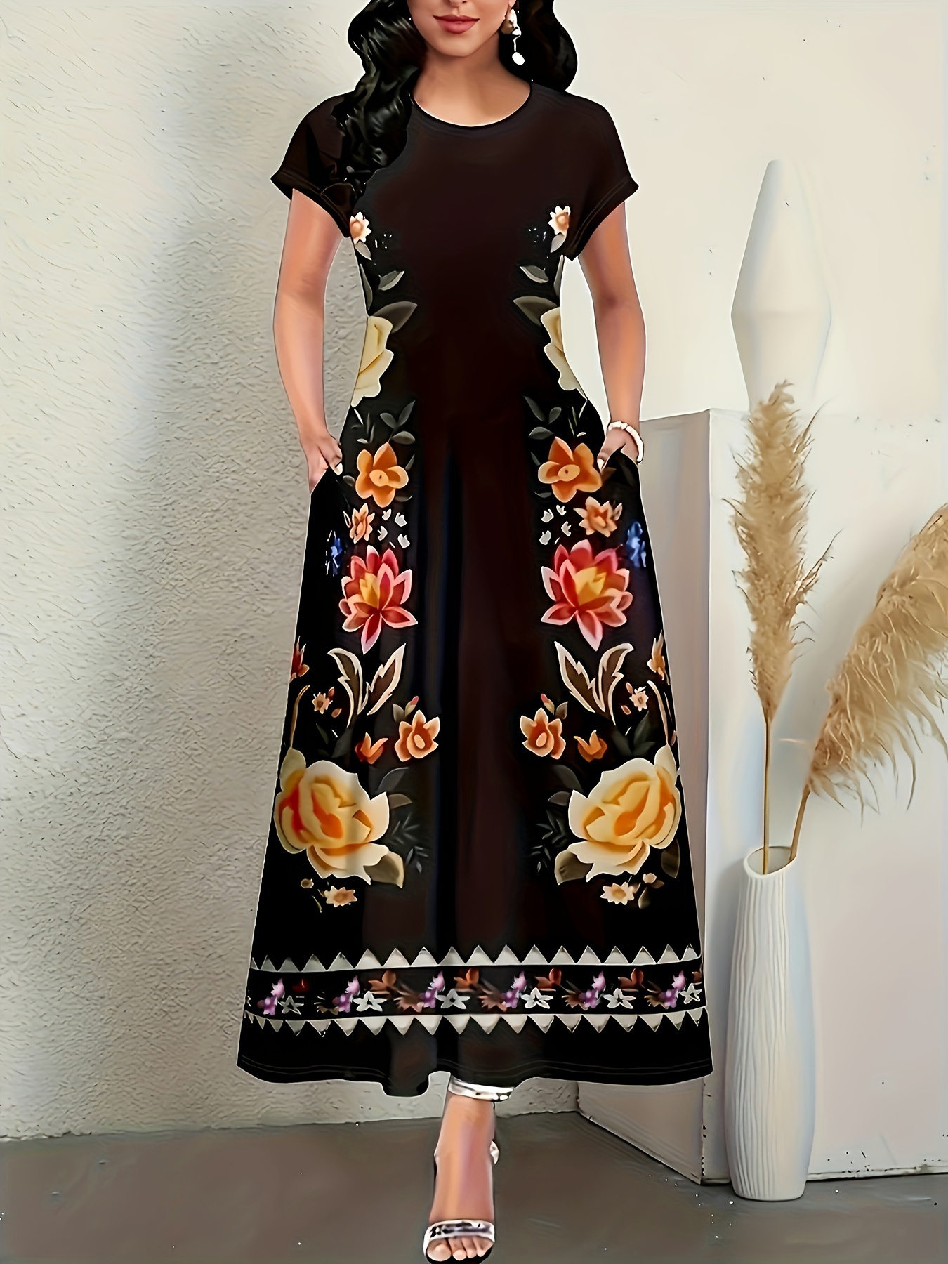 floral print with pocket dress elegant short sleeve a line dress womens clothing