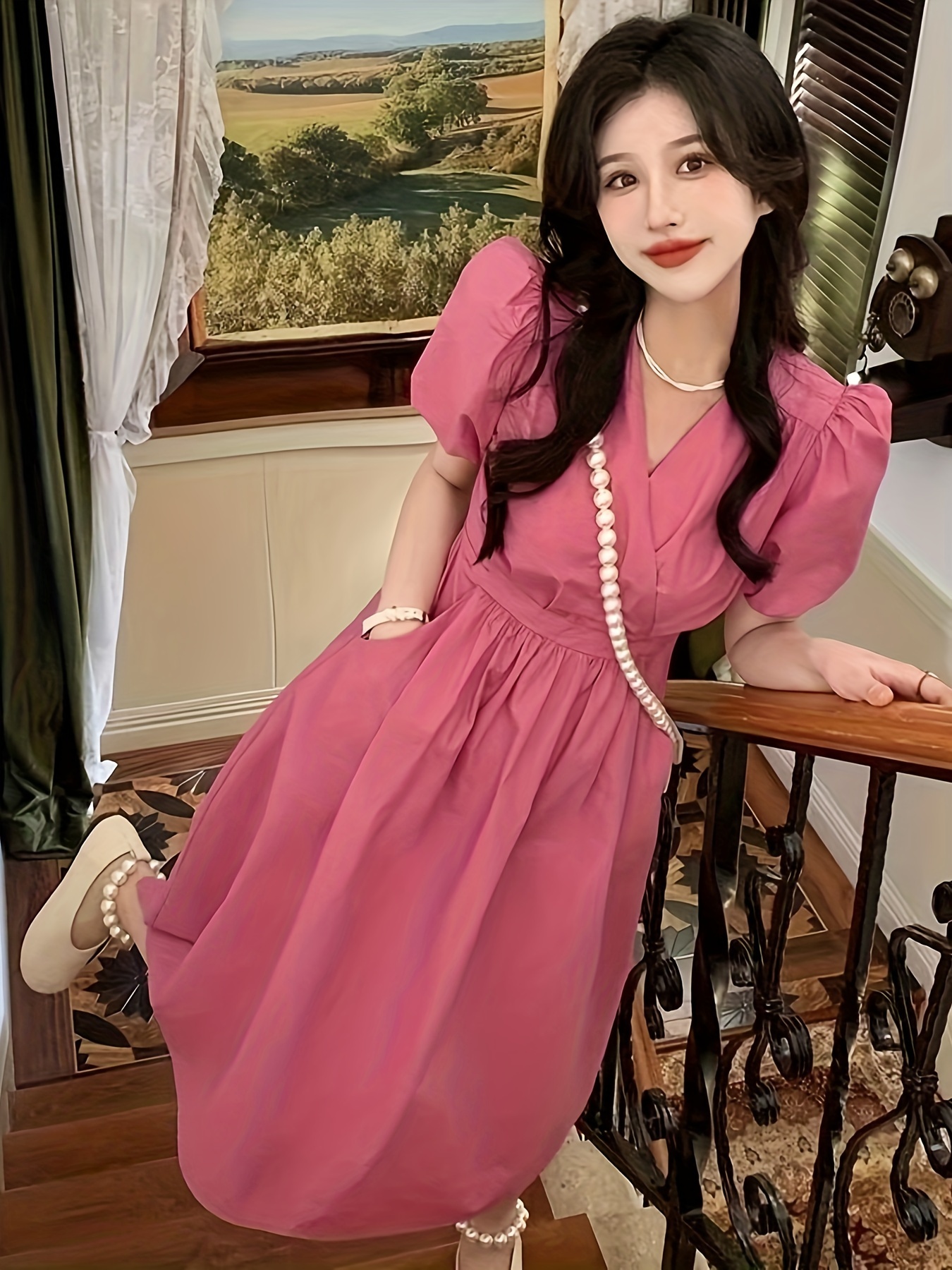 Solid Color Surplice Neck Puff Sleeve Dress, Short Sleeve Chic Midi Dress  For Summer Spring, Women's Clothing