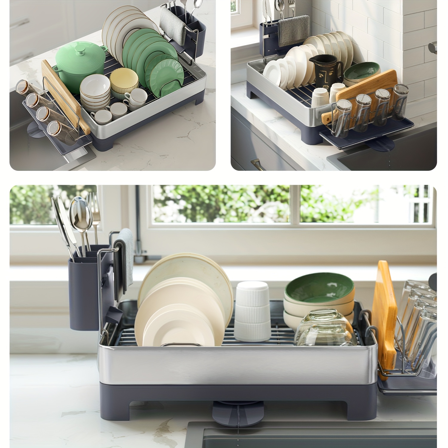 dish drying rack stainless steel dish rack with rotatable spout   fingerprint resistant dish drainers for kitchen counter 12 5 x 22 5in gray black utensil cup glass cutting board pan holders perfect gifts Product details 9