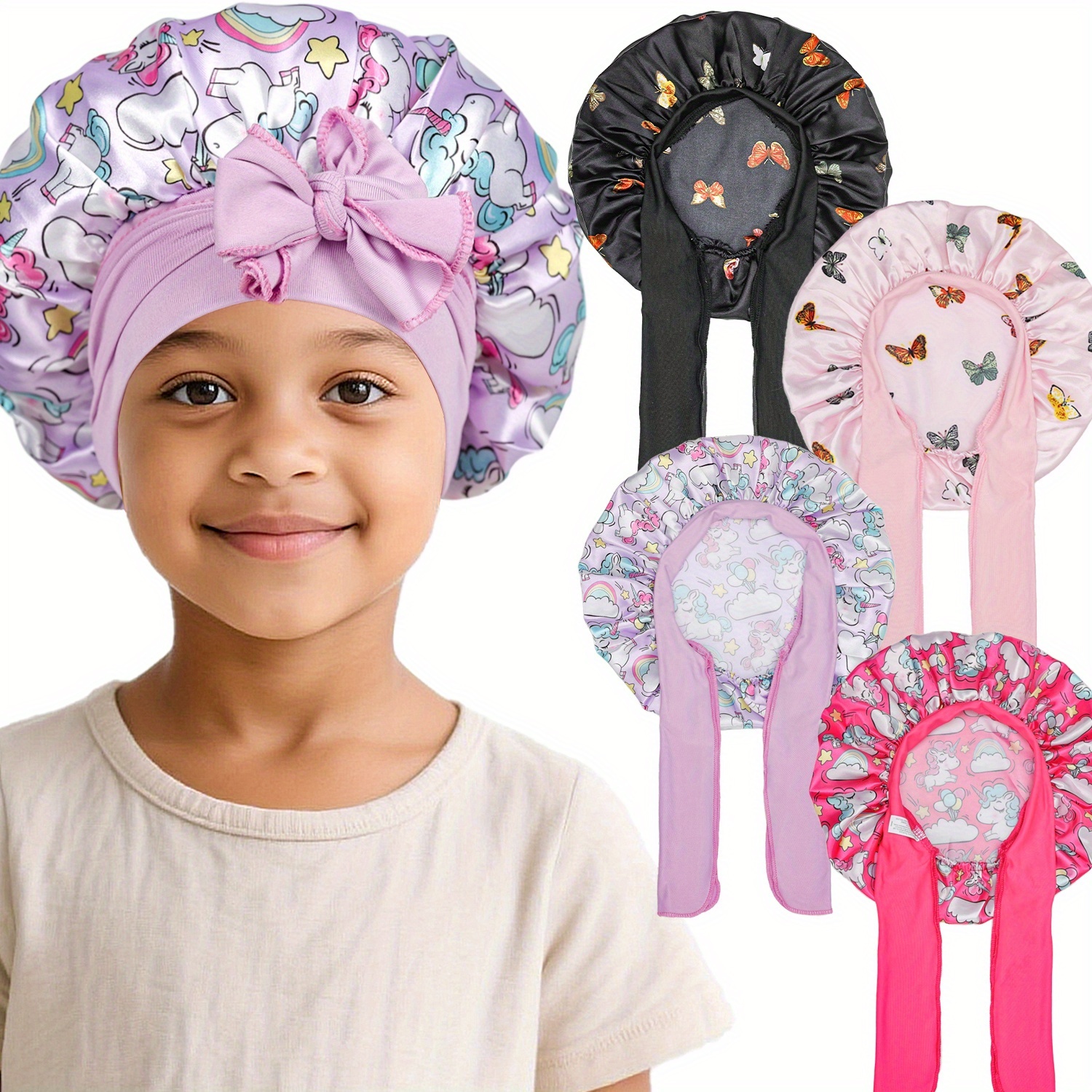 4-pack Kids' Printed Satin Bonnets With Ties – Stylish, Comfortable Caps, Breathable And Non-slip For Protection