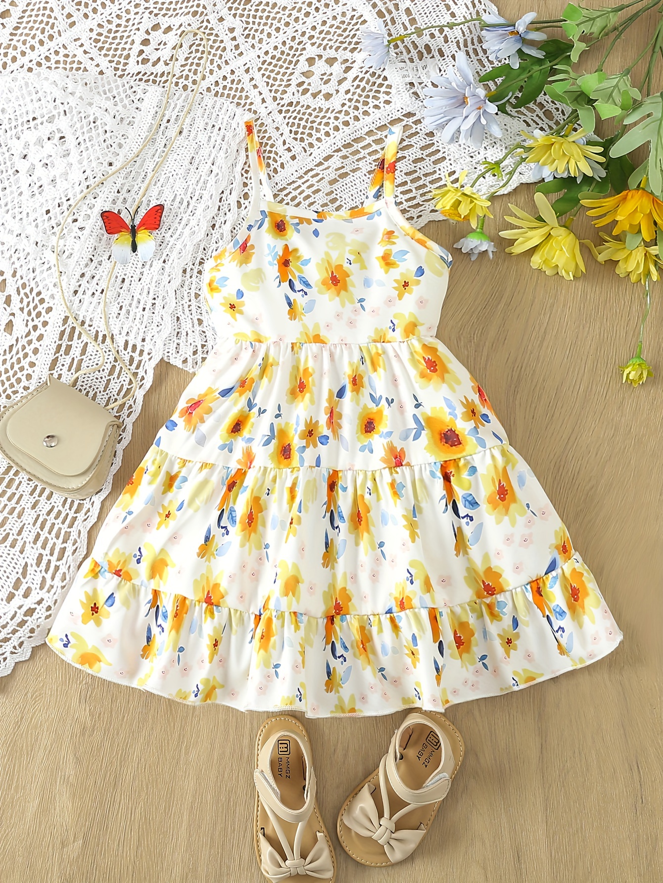 Baby Girl Yellow Ribbed Bowknot Ruffle Flutter-sleeve Splicing Sunflower Floral Print Dress