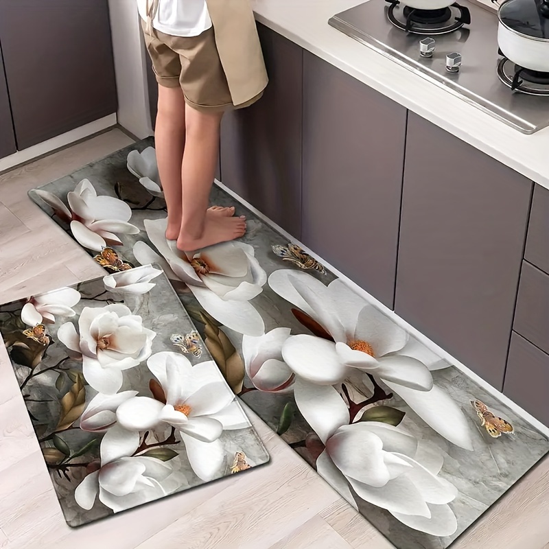 

1pc, White Magnolia Pattern Kitchen Carpet With Retro Tulips, Floral Design Washable And Non Slip Floor Mat, Entrance Living Room Kitchen Bathroom Supplies Thickness 1cm