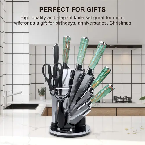 9pcs stainless steel kitchen knife set bamboo style handles with scissors sharpening rod and peeler featuring an elegant transparent organizer block blades for cutting slicing and chopping a thoughtful gift for any kitchen