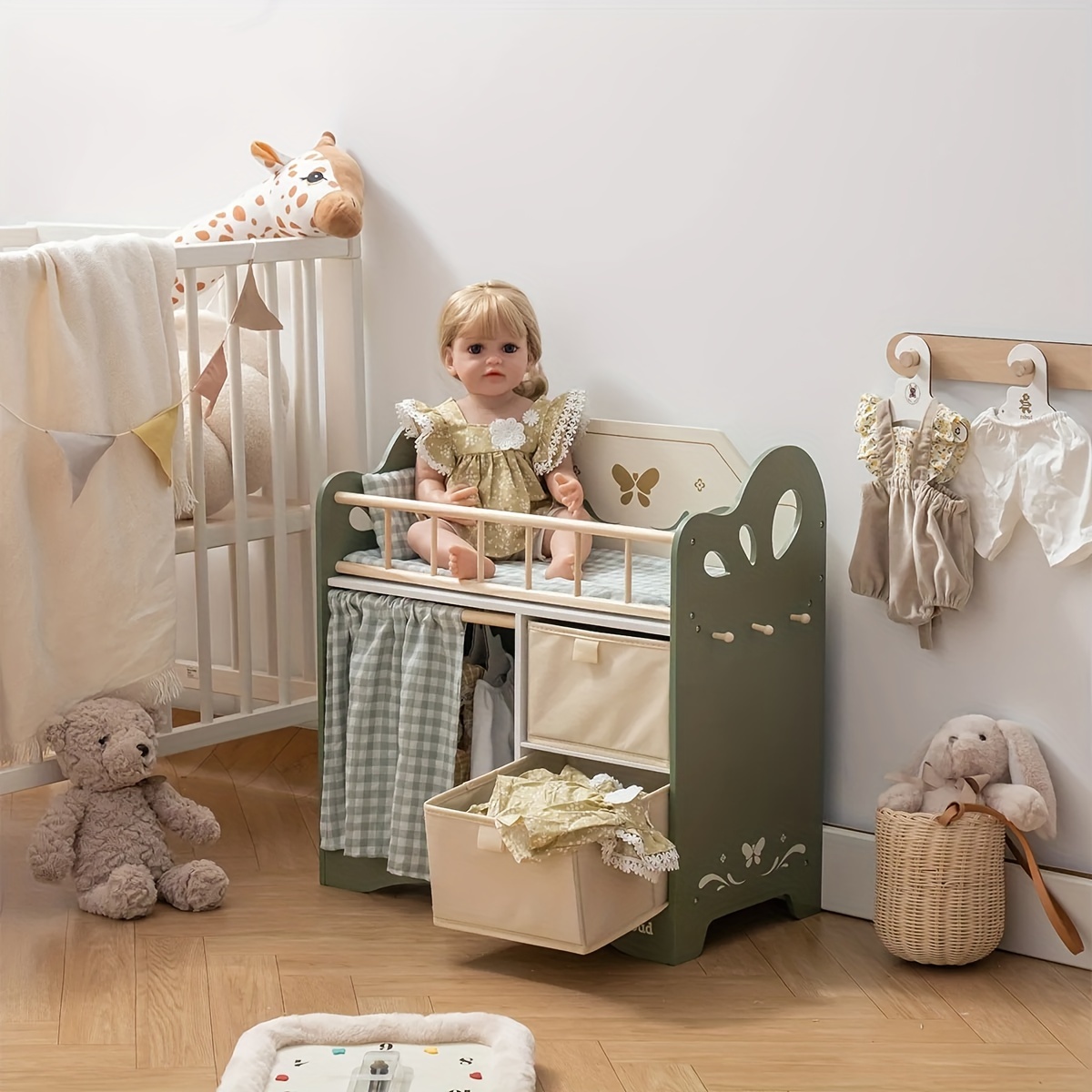 BABESIDE 3 Pcs Baby Doll Crib Set Wooden Baby Doll Cradle For