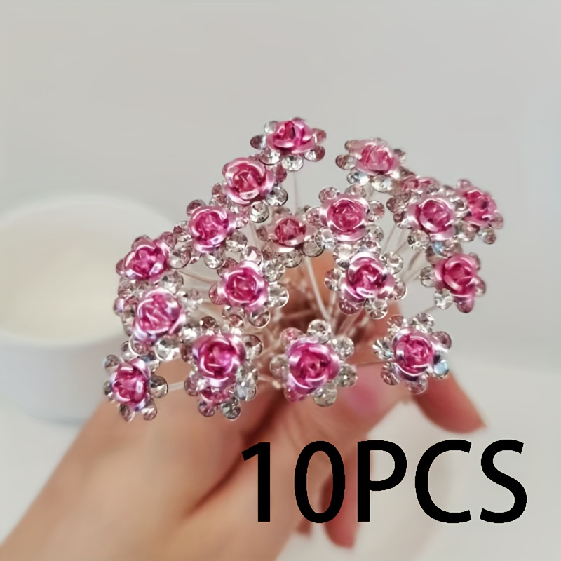 E-shop 10 Stück U-förmige rosa Rosen Haarverzierungen für Damen, Strass Rosen Braut Haarnadeln für Hochsteckfrisuren, einfache und vielseitige