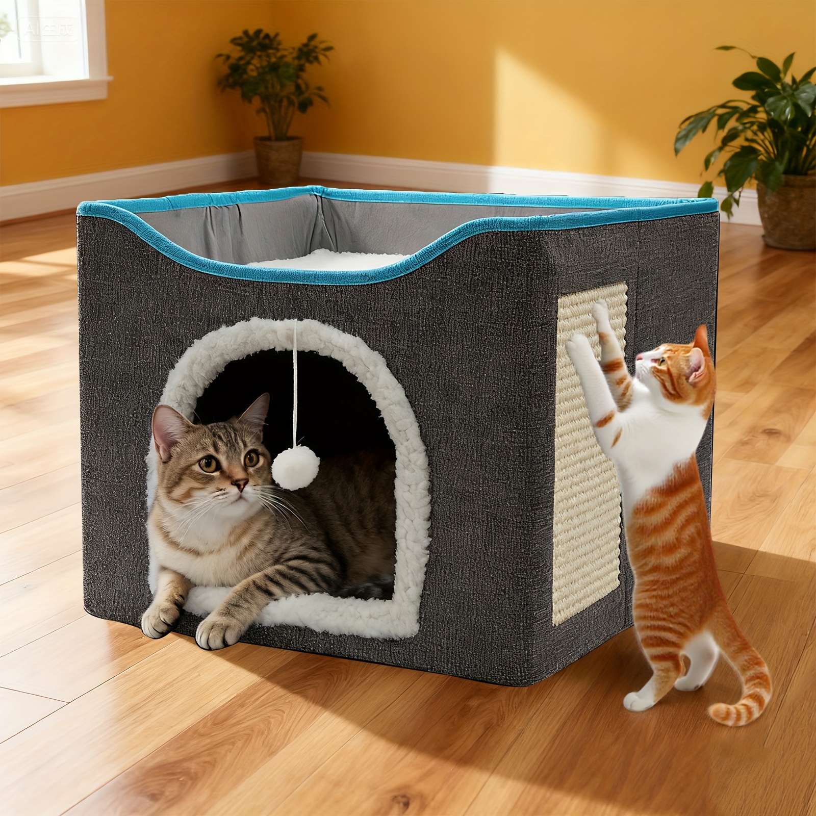 TEMU For Cat House & Condo - Removable & Washable, Luxury Pet For Cat Nest With Scratching Board, Foldable Storage, Large Space For Cats - , For Cats