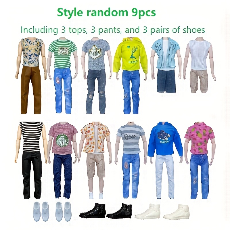 Image of 9pcs Random Style Male Doll Clothing, Suitable For 30cm/11.82in Male Dolls, Including 3 Tops, 3 Pants, And 3 Accessories. Christmas, New Year, And Party Gifts, Excluding