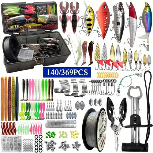 140 369pcs fishing kit with lures tools hooks pliers sinkers line gloves storage box suitable for saltwater and freshwater perfect gift