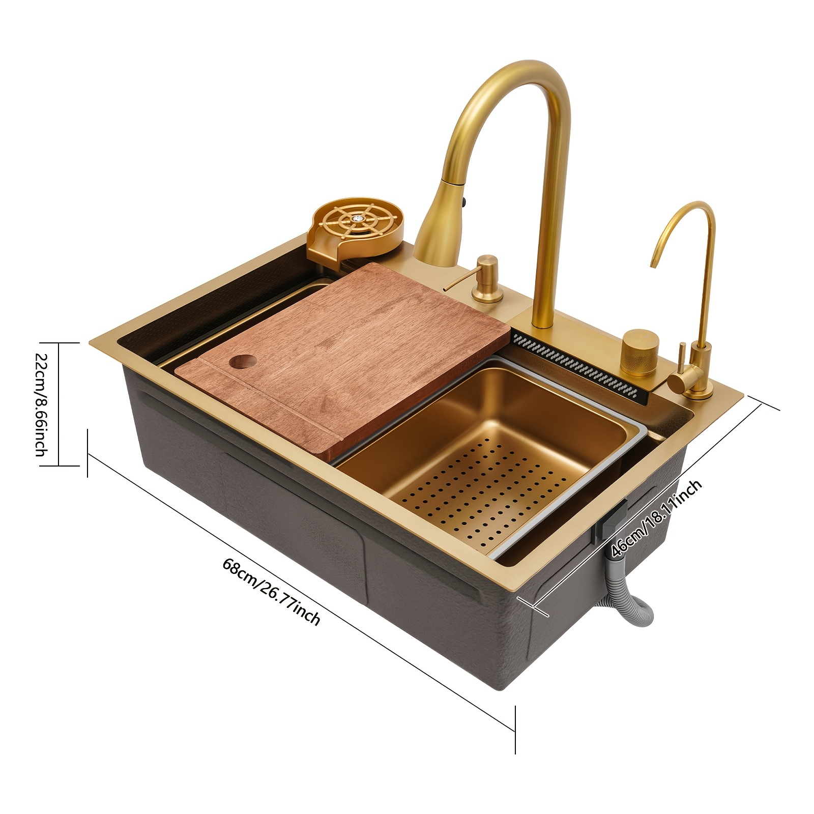 201 Stainless Steel Kitchen Sink, Large Capacity Sink With Pull-out Faucet, 3-in-1 Waterfall, Multi-functional Workstation Sink With Chopping Board, Rustproof Modern Kitchen Sink For Home Bar Hotel