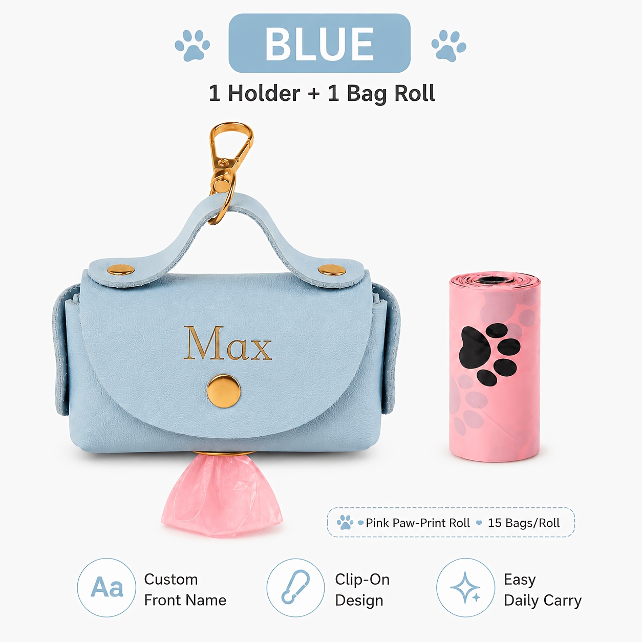 TEMU 2pcs Personalized Pet Waste Bag Dispenser With 1 Print Bag Roll, Custom Name Portable Clip-on Holder, 15 Bags Per Roll, Compact Dog Walking