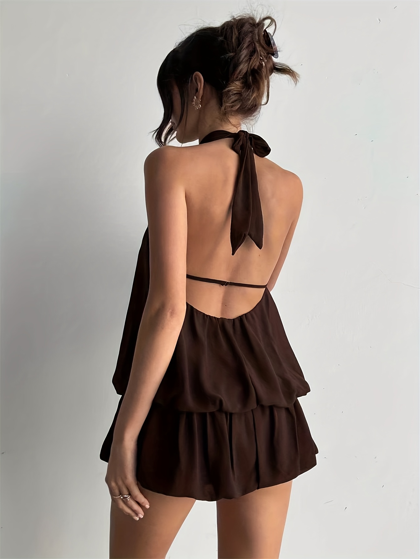 dark brown halter neck backless dress women ruffle - Temu