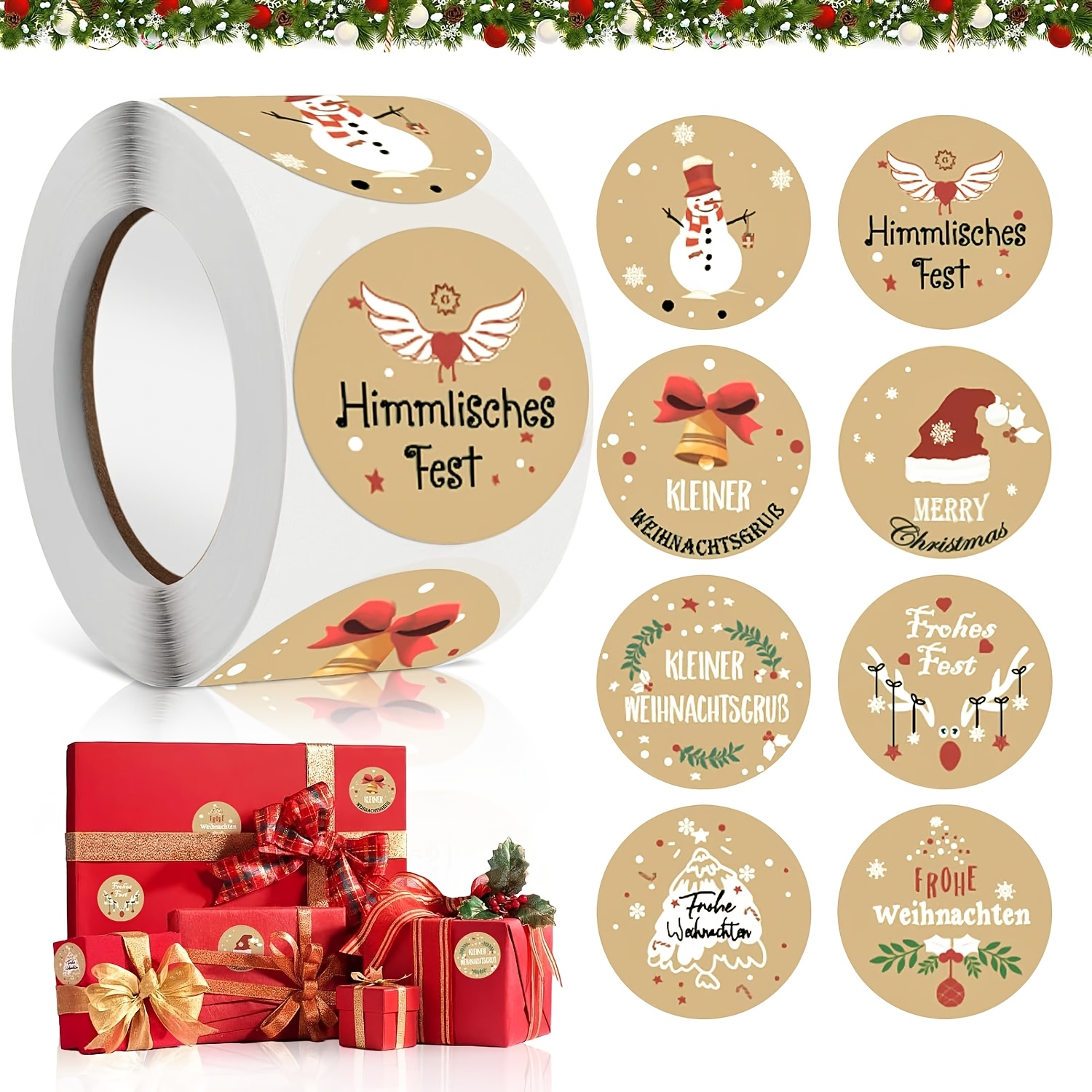 Image of 500 Stück Christmas Stickers, 4cm Christmas Stickers, Christmas Stickers, Round Gift Stickers Merry Christmas Labels Paper, For Christmas Party Decoration Gift Packaging