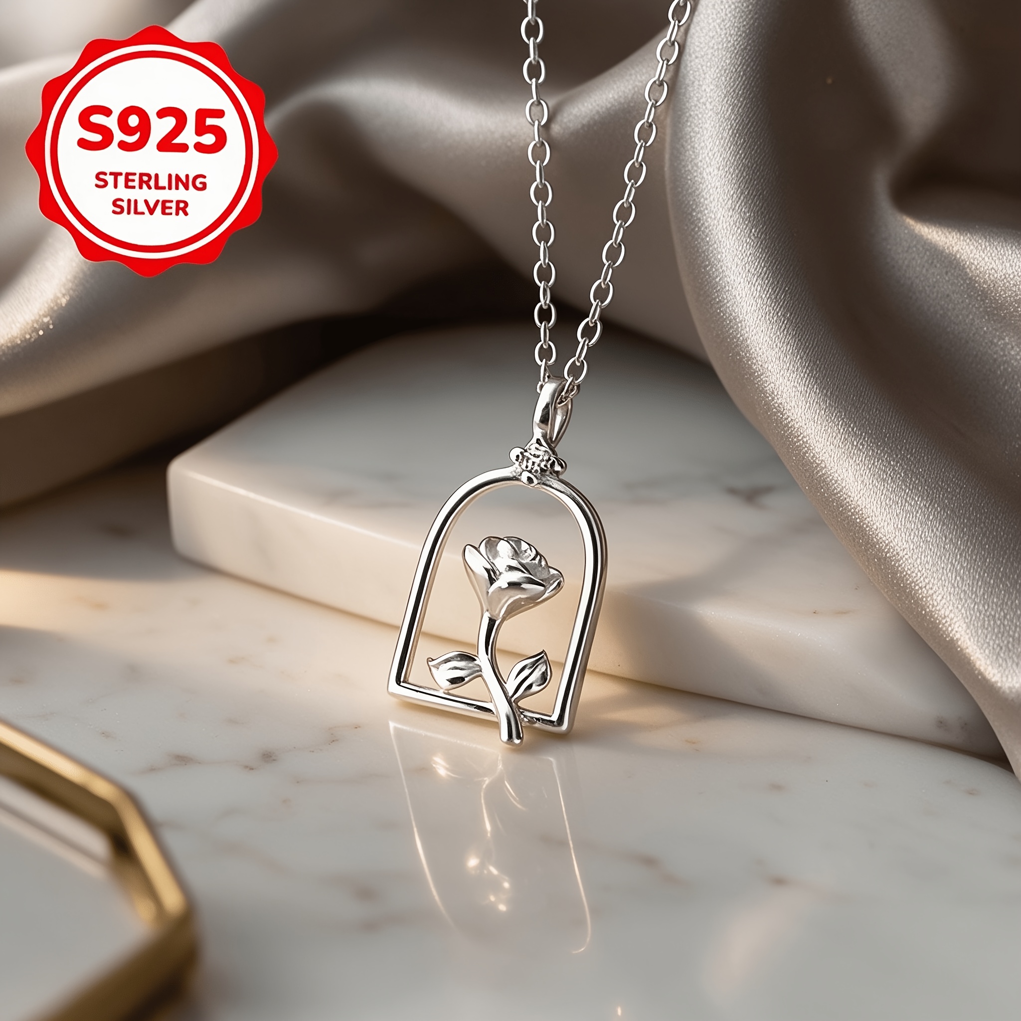 925 Silver Rose Flower Hollow Pendant Necklace