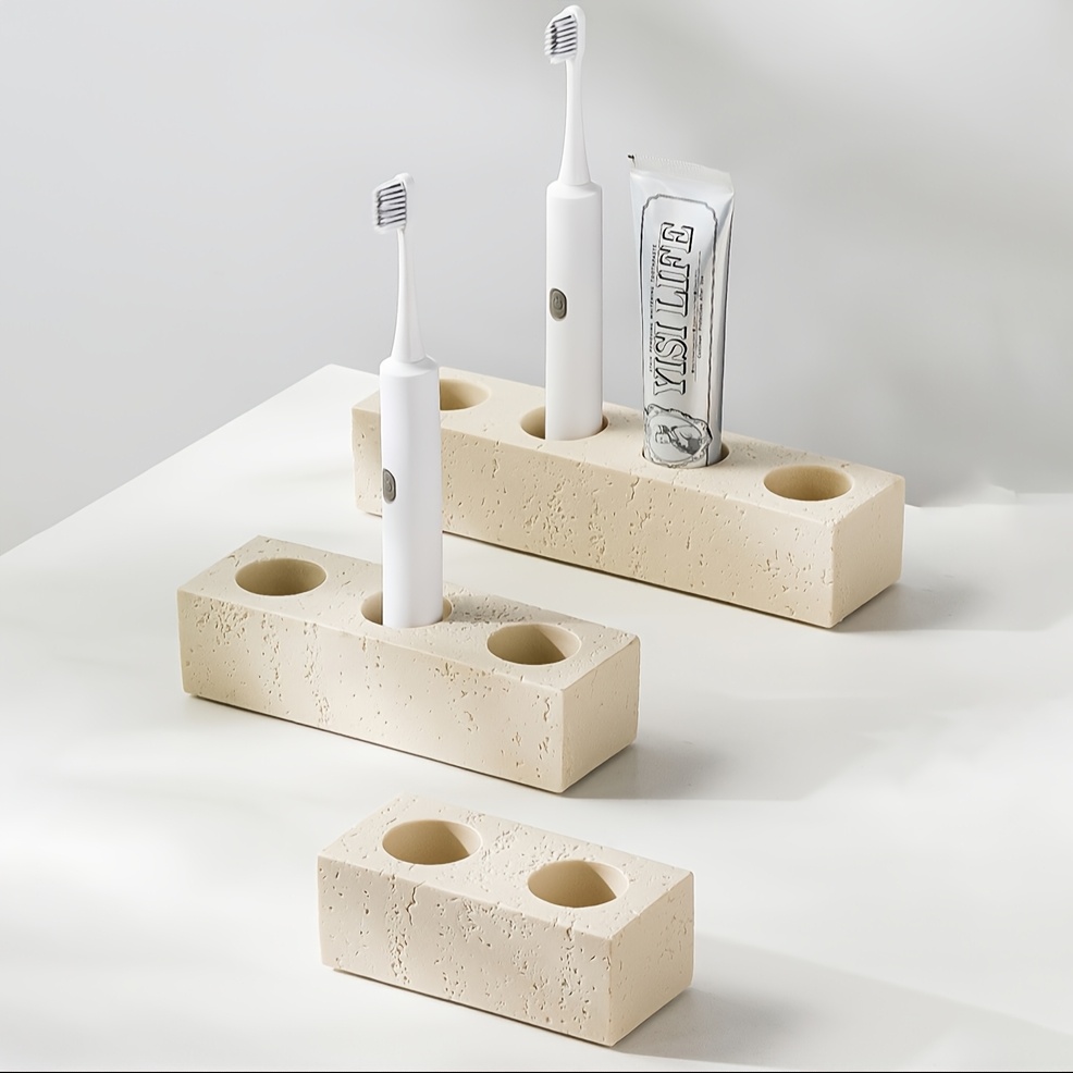 

2-in-1 Resin Travertine Toothbrush Holder And Soap Dish, Fixed Installation, No Electricity Needed, Bathroom Accessory