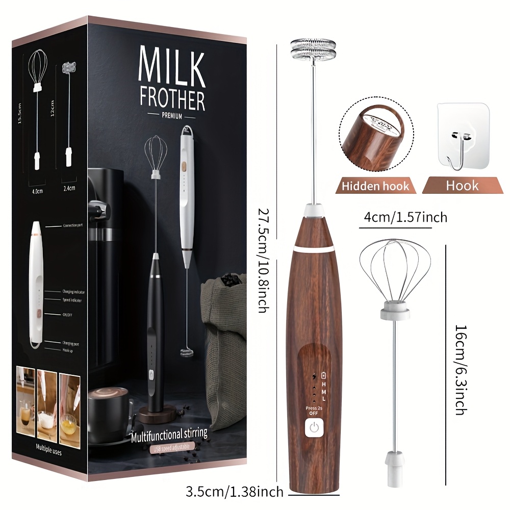 Handheld Milk Frother Operated ( Not Included), 3 Detachable Whisks + Wall Mount Holder, 304 Stainless Steel Low Mixer For Latte Cappuccino Egg Matcha, Camping