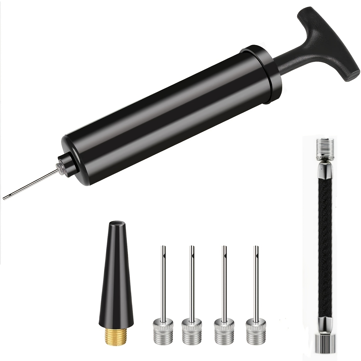 TEMU Portable Manual Ball Pump Inflator Kit With 4 Needles, 2 Nozzles & Extension Hose - Heavy-duty Air Pump Suitable For Soccer, Basketball,