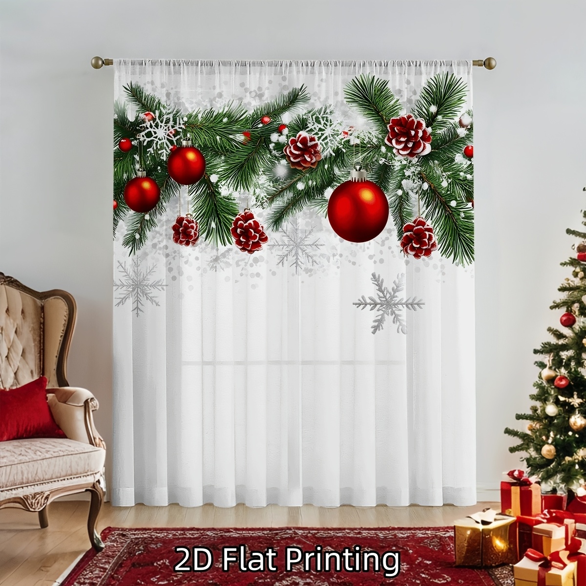 TEMU 2d Flat, 1pc 2d Flat Christmas Sheer Curtain, Featuring Christmas Elements Such As Pinecones And Snowflakes - Made Of Soft Microfiber With A Rod