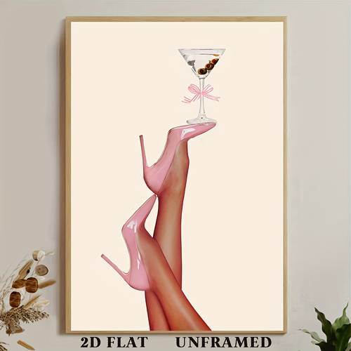 2d flat elegant pink high heel canvas art print 2d flat unframed wall decor with martini glass floral accents ideal for bedroom living room home dorm decor dorm room art artwork 2d flat design canvas wall art