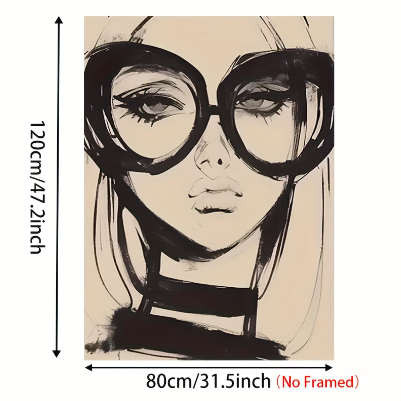 TEMU 2d Flat, 1pc Large Modern Minimalist Frameless Vertical Wall Poster - Girl With Glasses, Monochrome Ink Drawing Canvas Suitable For Living Room,