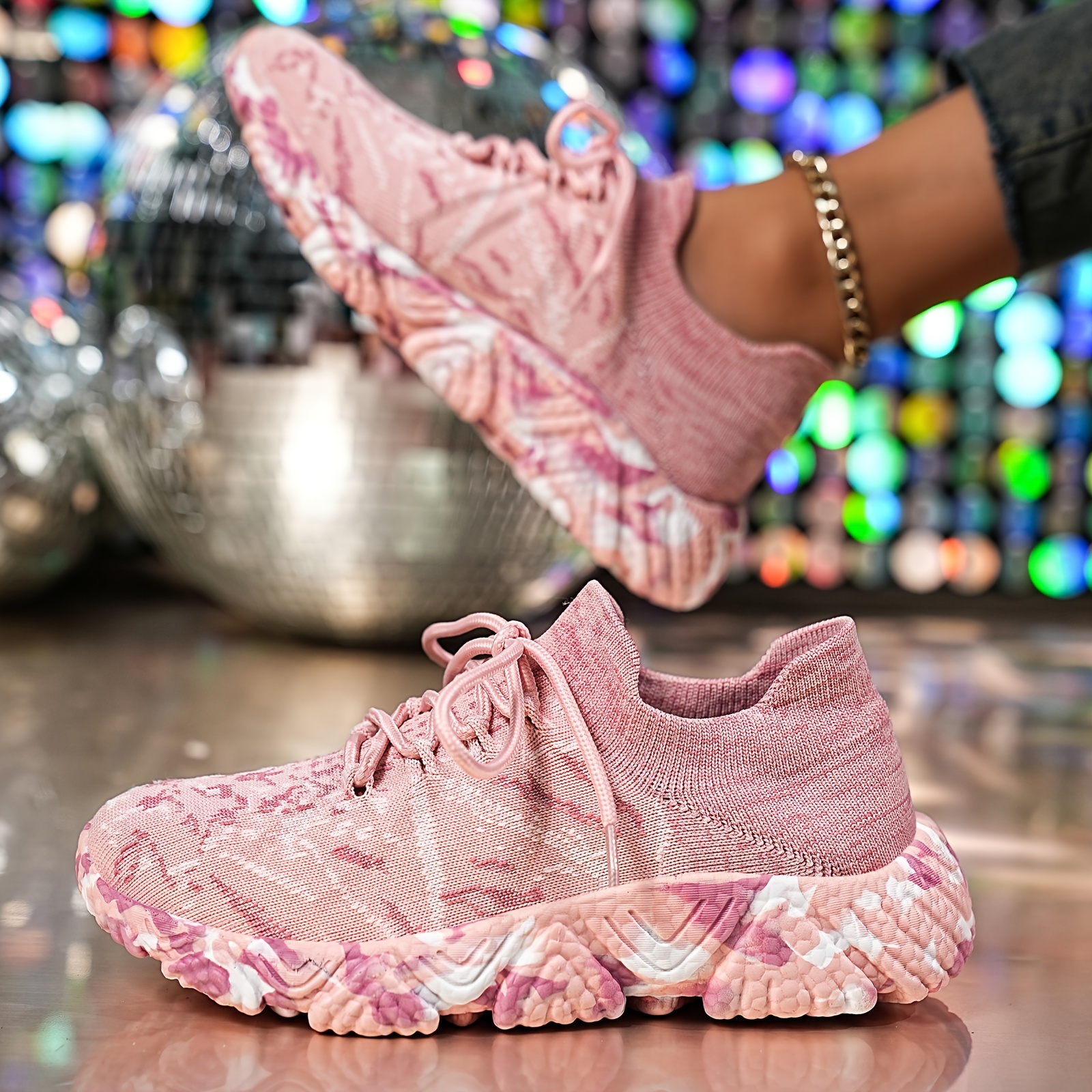 Image of Camo Pink Sneakers - - Mid-top Lace-up Shoes With Pink Camouflage, Round Toe & Cushioned Sole, Pink Camo Fabric Upper For Casual Wear, Gym, Everyday (hand Washable), Women Shoes
