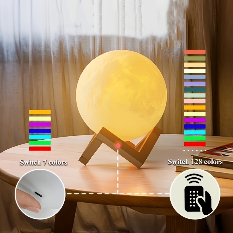 maanlamp met 128 kleuren – aanraakbediening led nachtlampje, oplaadbaar via usb, instelbare helderheid, houten standaard, ideaal voor slaapkamerdecoratie of cadeau 8
