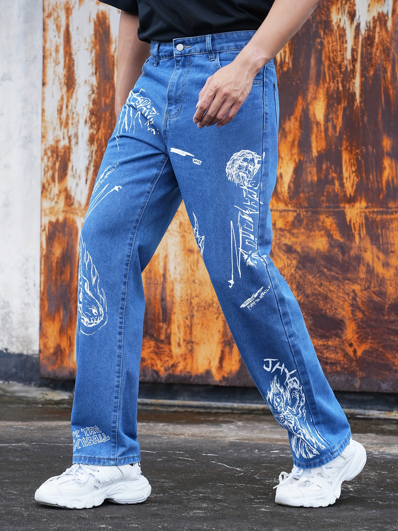 mens high end denim jeans blue graffiti print straight leg - Temu