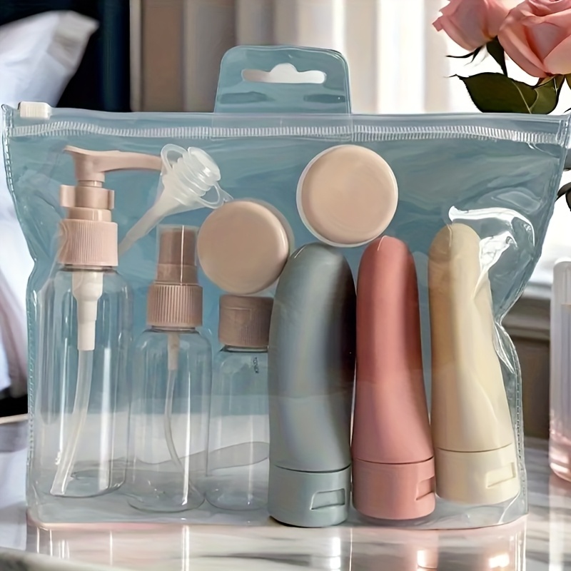 TEMU 11pcs Portable Cosmetic Dispenser Set - Kit For Shampoo, Conditioner, Body Wash, And Moisturizers - Plastic, Refillable, And Lightweight For